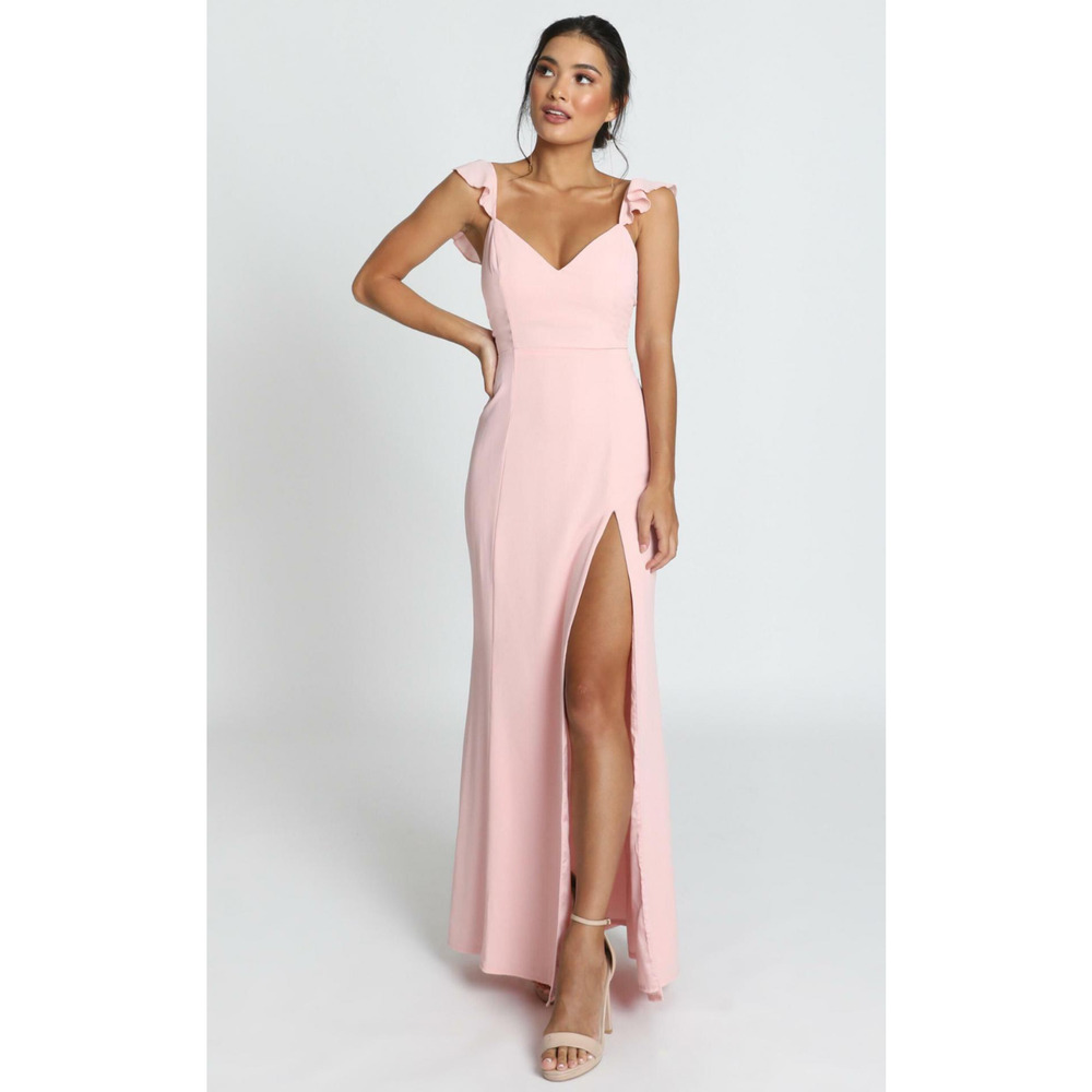 Showpo Women 10 Dress More Than This Ruffle Strap Maxi Open Back Blush Pink NWT